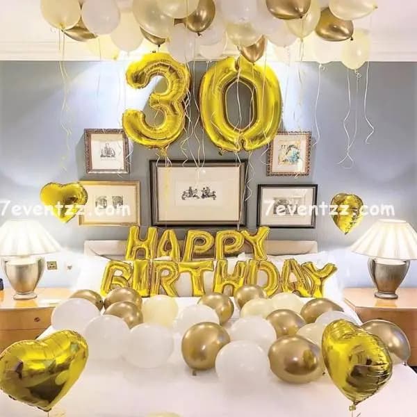 30th birthday room decoration setup with milestone balloons and backdrop