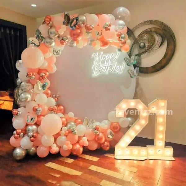 21st birthday premium decoration with stylish backdrop and balloon arrangement