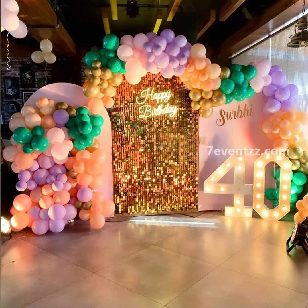 40th birthday panel decoration with large milestone display and elaborate balloon setup