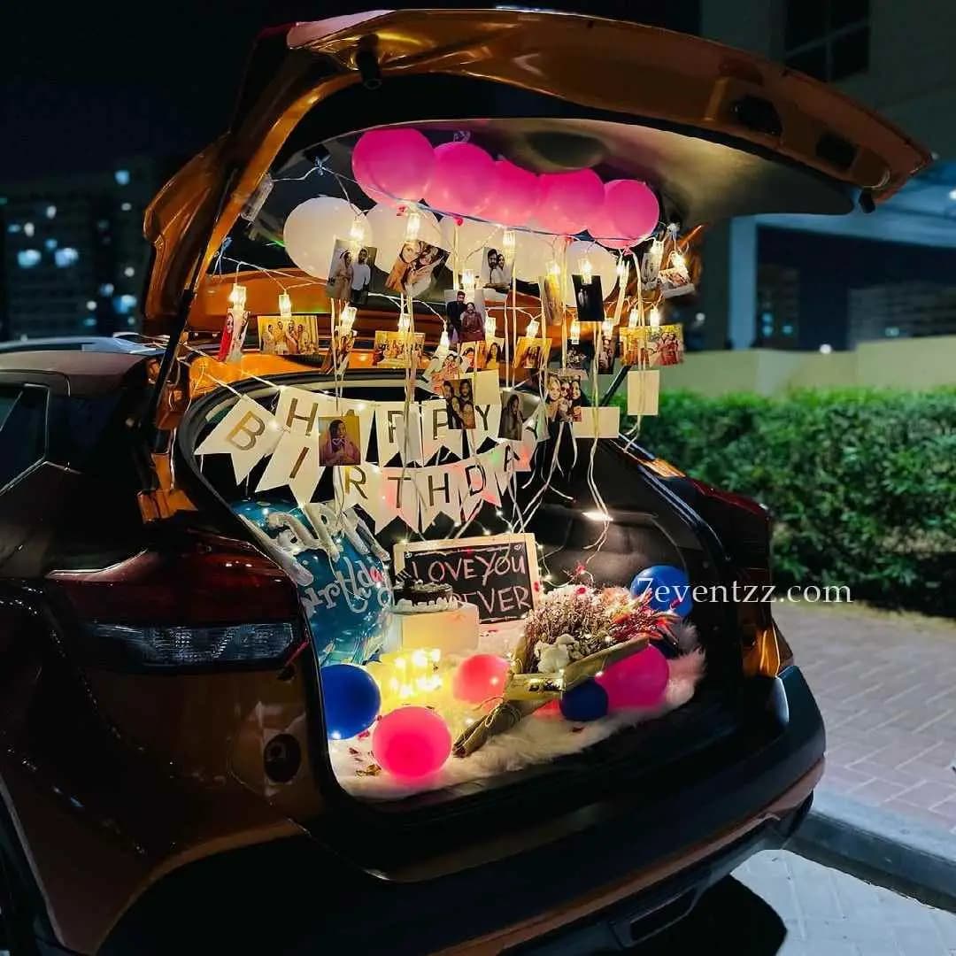 Premium car boot decoration with elaborate balloon arrangement