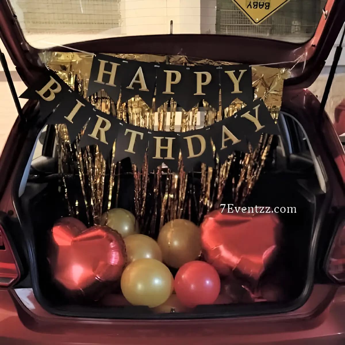 Romantic car trunk decoration with flowers and fairy lights