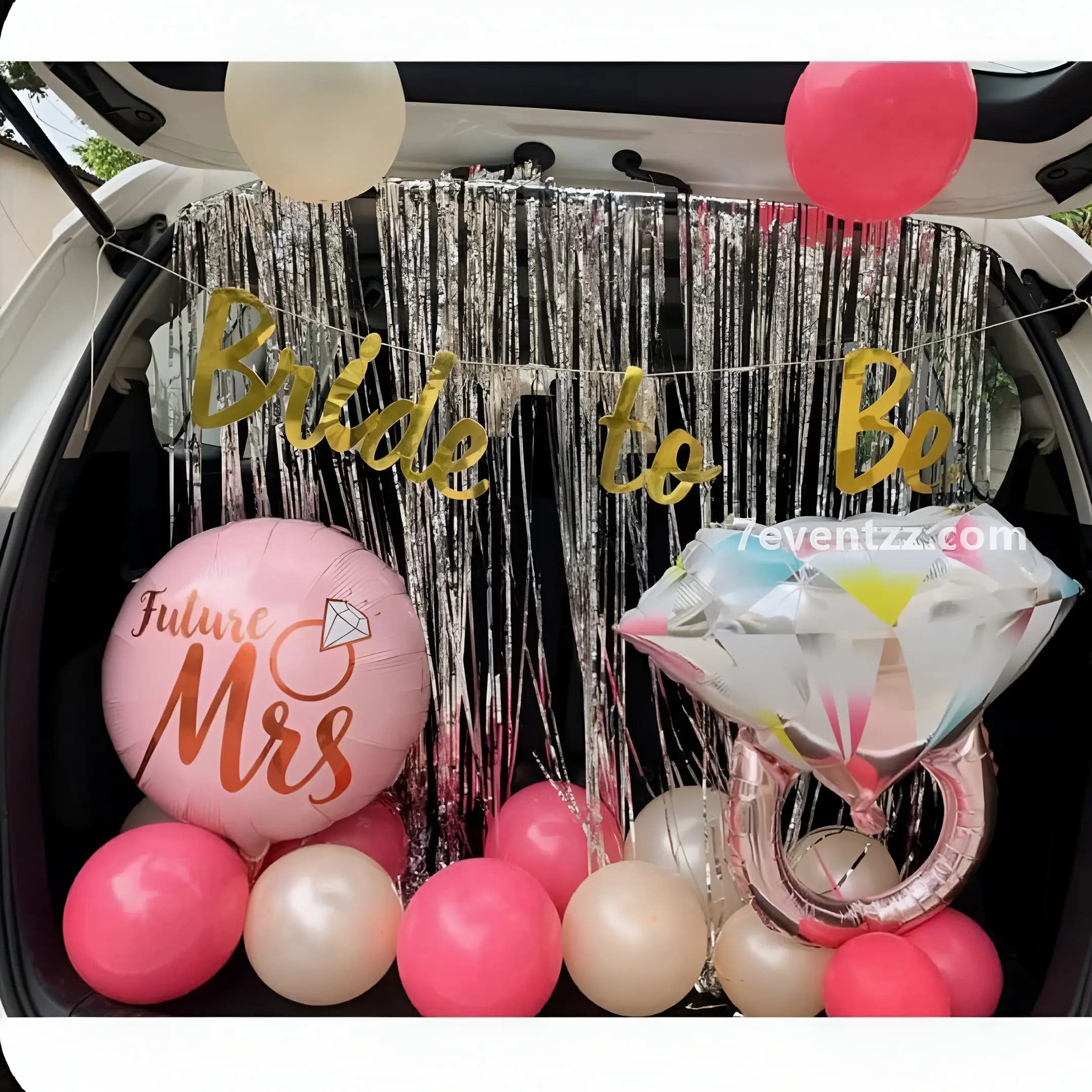 Bride-to-be car boot decoration with pink and white balloons
