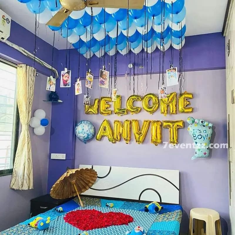 Welcome home baby boy decoration with blue and white balloon arch, foil balloons, and personalized name banner