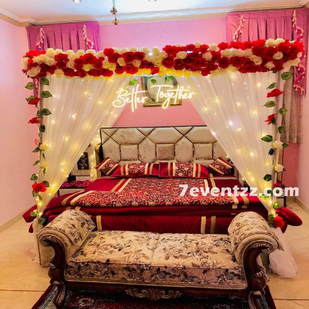 Premium bed decoration with fresh flowers for wedding night
