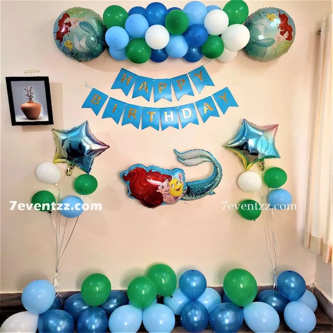 Affordable mermaid birthday decoration with ocean-themed balloons and sea creature props for kids party by 7eventzz