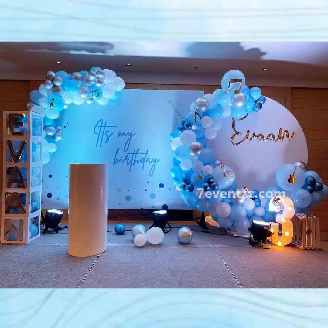 Trending birthday stage backdrop with modern balloon and floral decoration