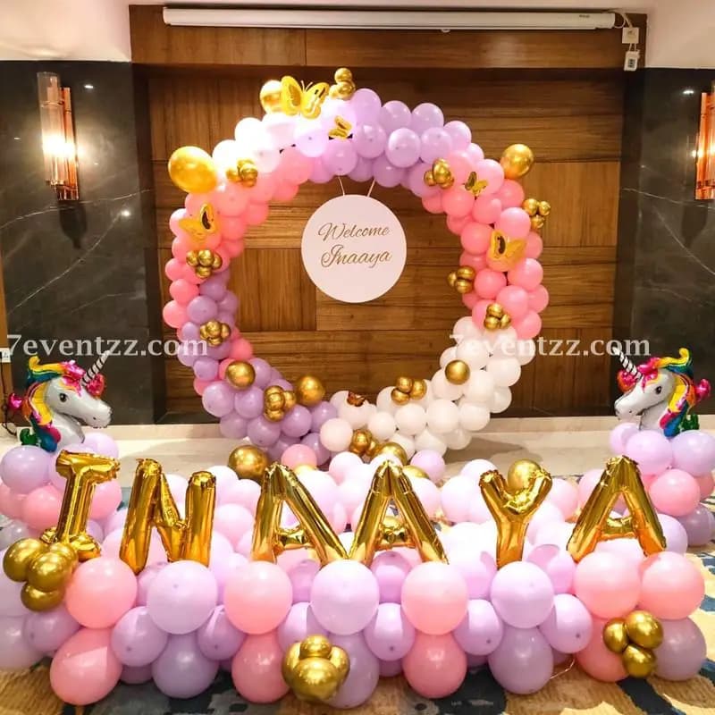 Unicorn birthday backdrop with large balloon columns and unicorn-themed banner