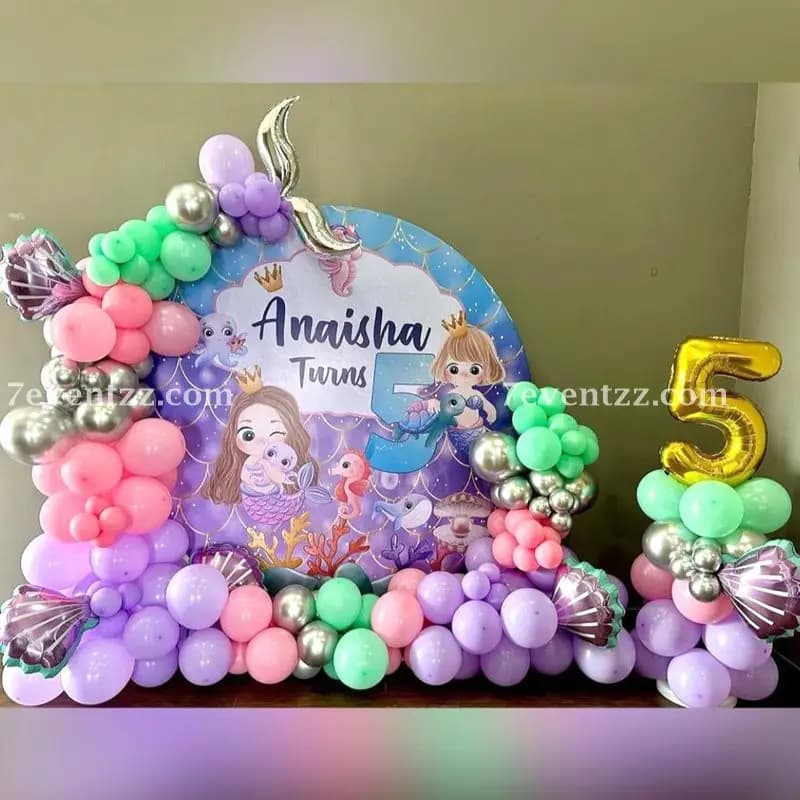 Mermaid theme birthday backdrop decoration with shimmering ocean-inspired setup and balloon arrangement for kids by 7eventzz