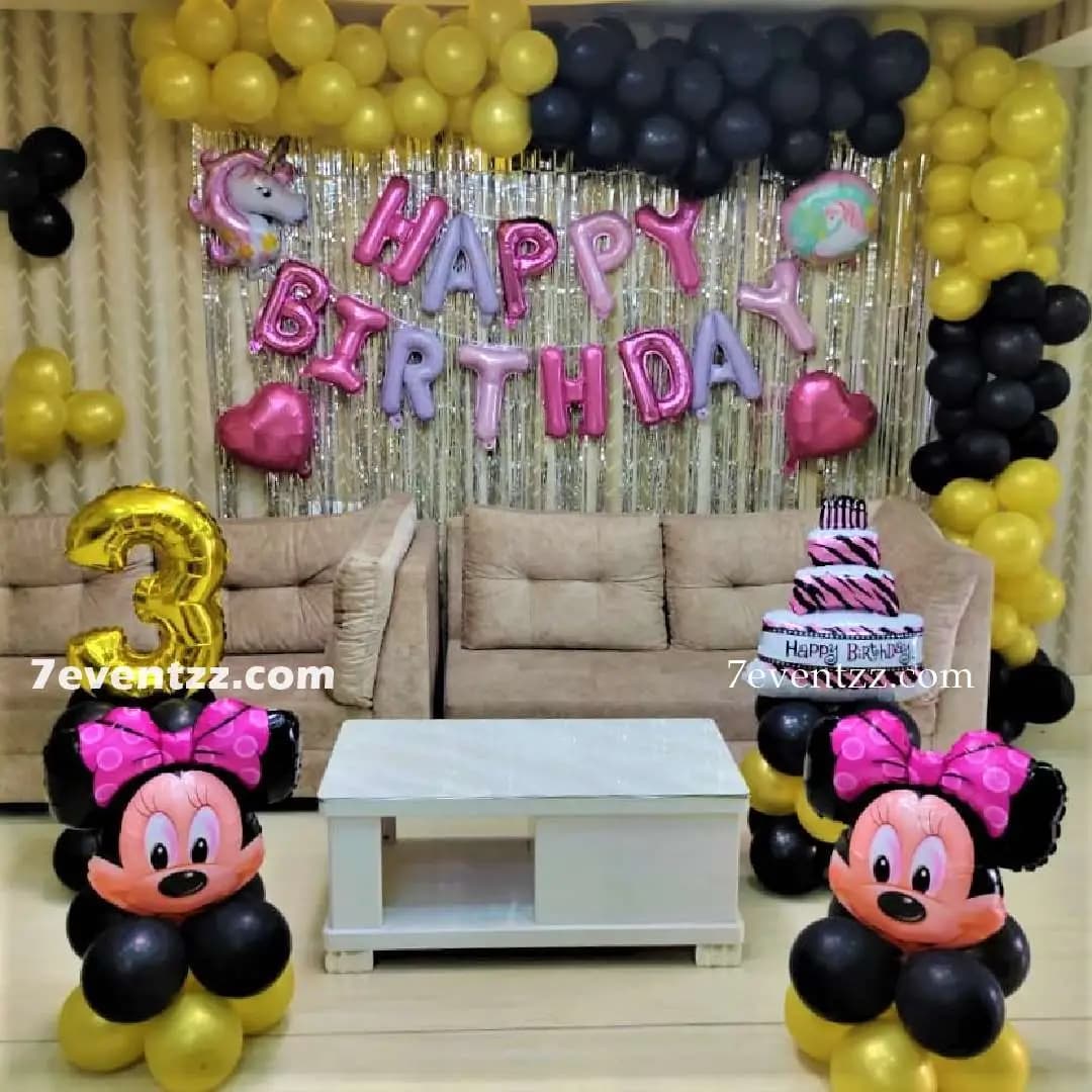 Mini unicorn theme birthday decoration with pastel Minnie Mouse and unicorn balloon fusion setup