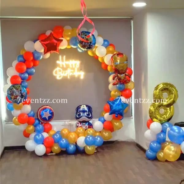 Simple Avengers birthday decoration with balloon arrangement and themed props for kids party by 7eventzz