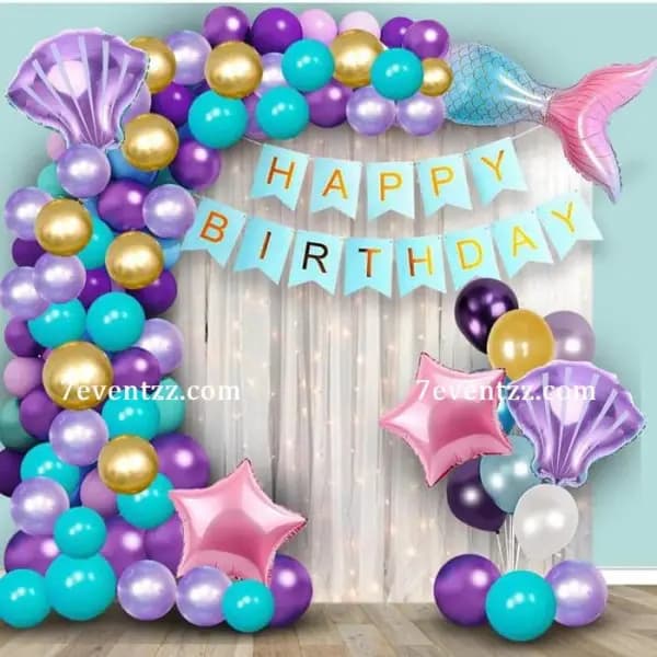 Classy mermaid theme birthday decoration with elegant pastel balloon arrangement and shimmer backdrop for kids by 7eventzz