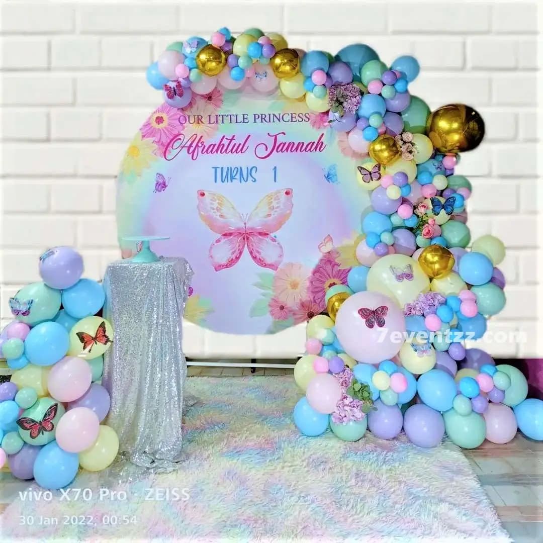 Cute butterfly themed kids birthday decoration with colorful butterfly props and balloons