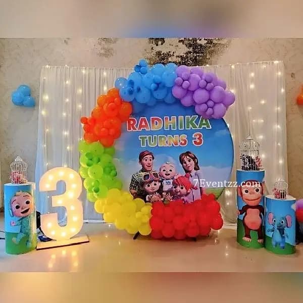 Cocomelon theme home decoration with large backdrop, balloon bunches, and character cutouts for kids