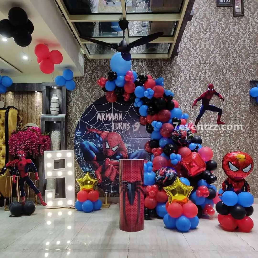 Spiderman backdrop birthday decoration with large printed backdrop and balloon setup
