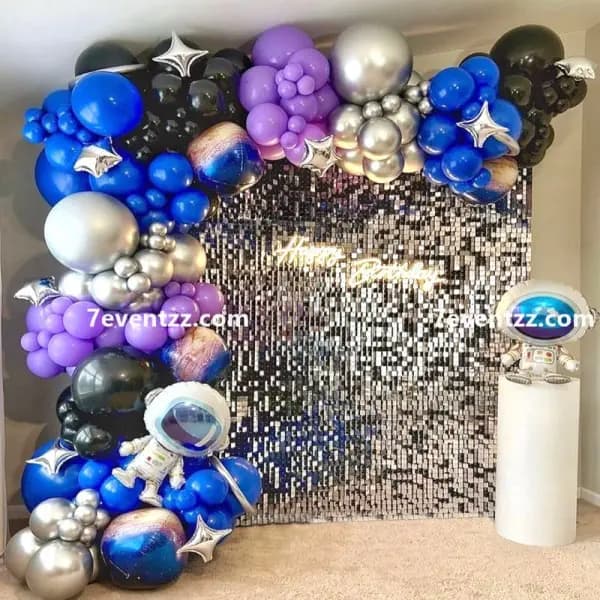 Space theme sequins birthday decoration with shimmery galaxy backdrop and glitter balloons