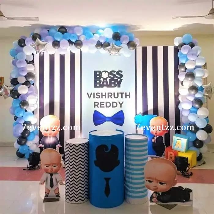 Customized Boss Baby birthday decoration with personalized name board and themed balloons