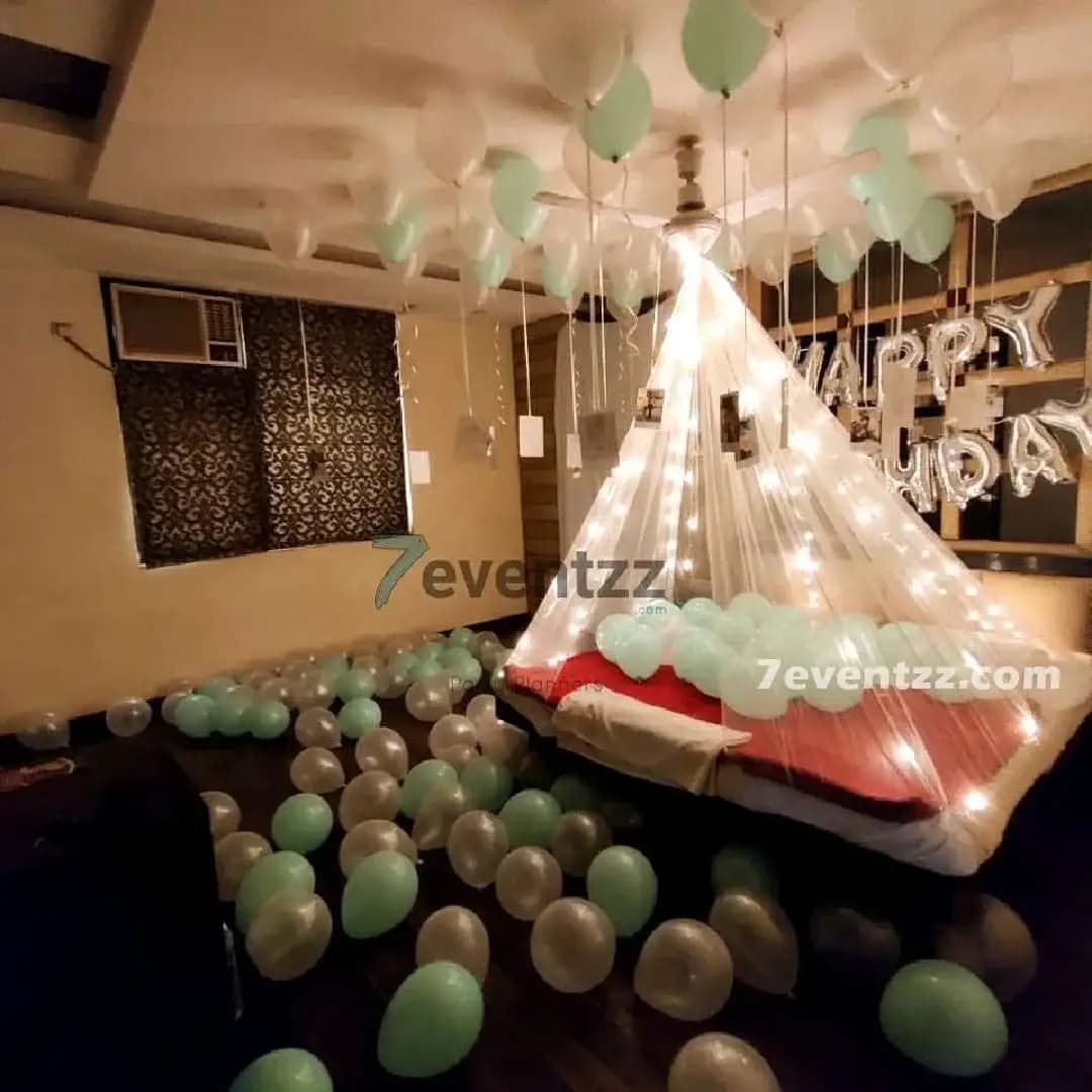 Hanging photo cabana birthday decoration with photo frames and balloon backdrop