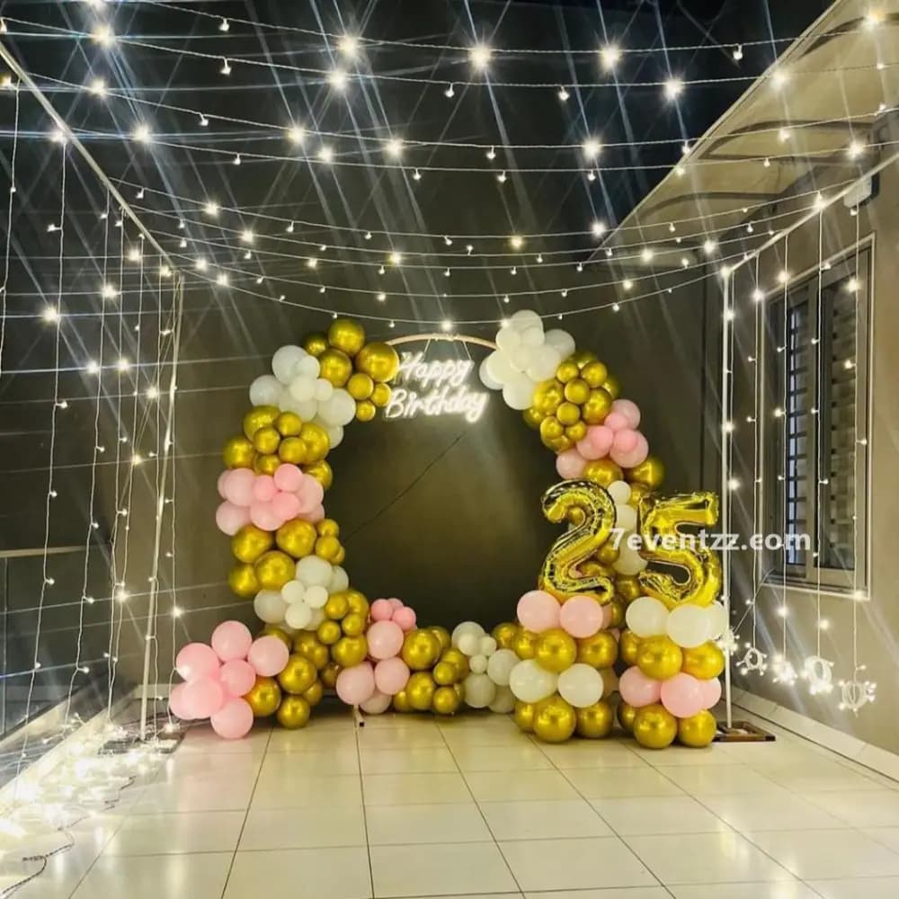 Sparkling terrace light decoration with fairy string lights and balloon arrangement for elegant outdoor night party – 7eventzz