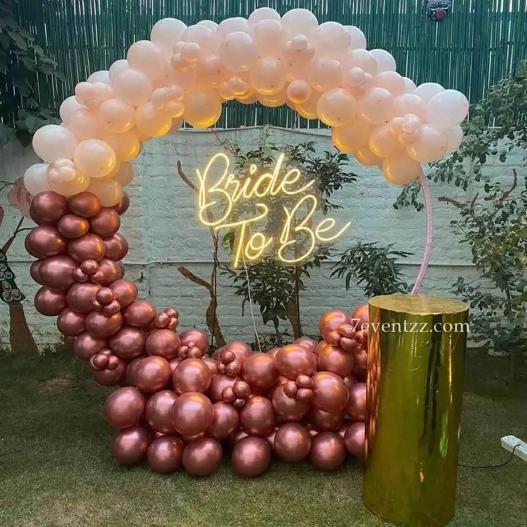 Colorful bachelorette party decoration with balloons and banners