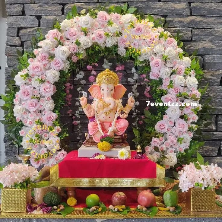 Beautiful flower backdrop decoration for Ganesh Chaturthi puja