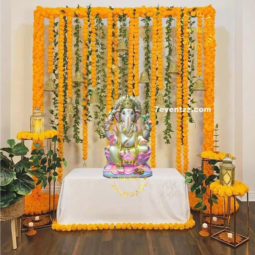 Bright and festive decoration setup for Ganpati celebration