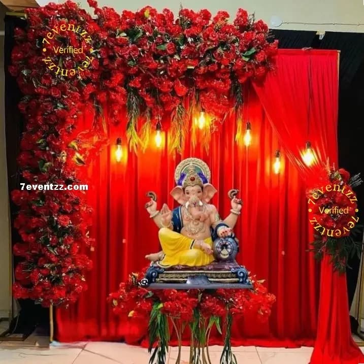 Red Theme Decoration for Ganesh Chaturthi — 7eventzz decoration