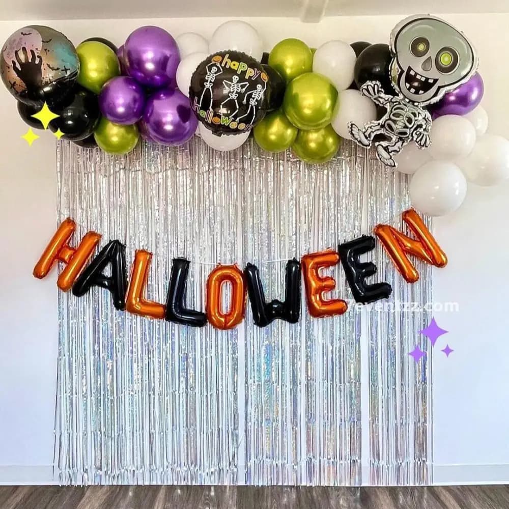 Haunted Halloween party setup with spooky props and decorations