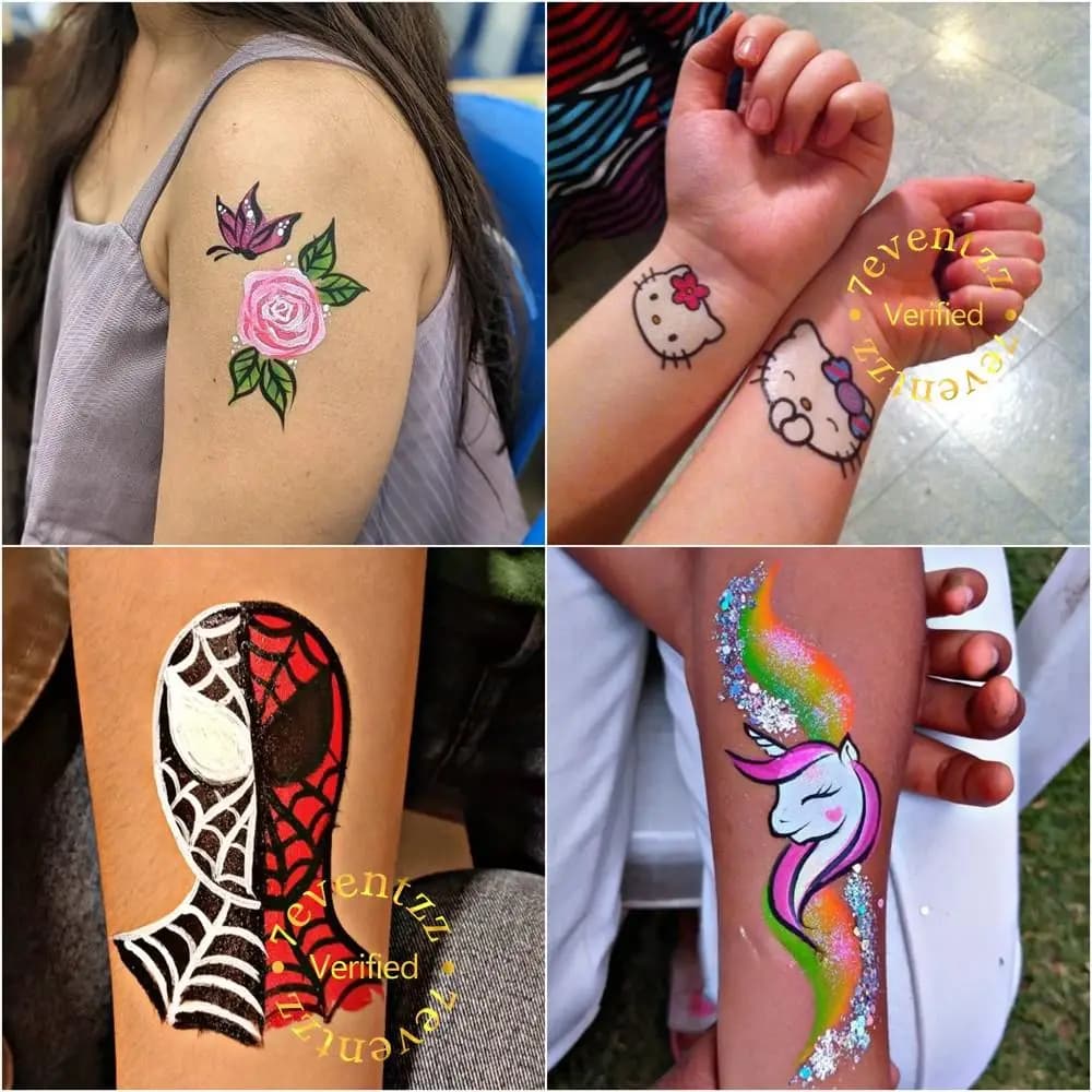 Temporary tattoo artist applying fun designs on kids at a birthday party