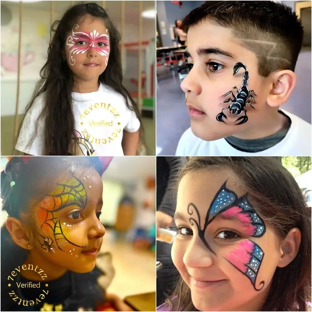 Face painting artist creating colorful designs on a child's face at a birthday party