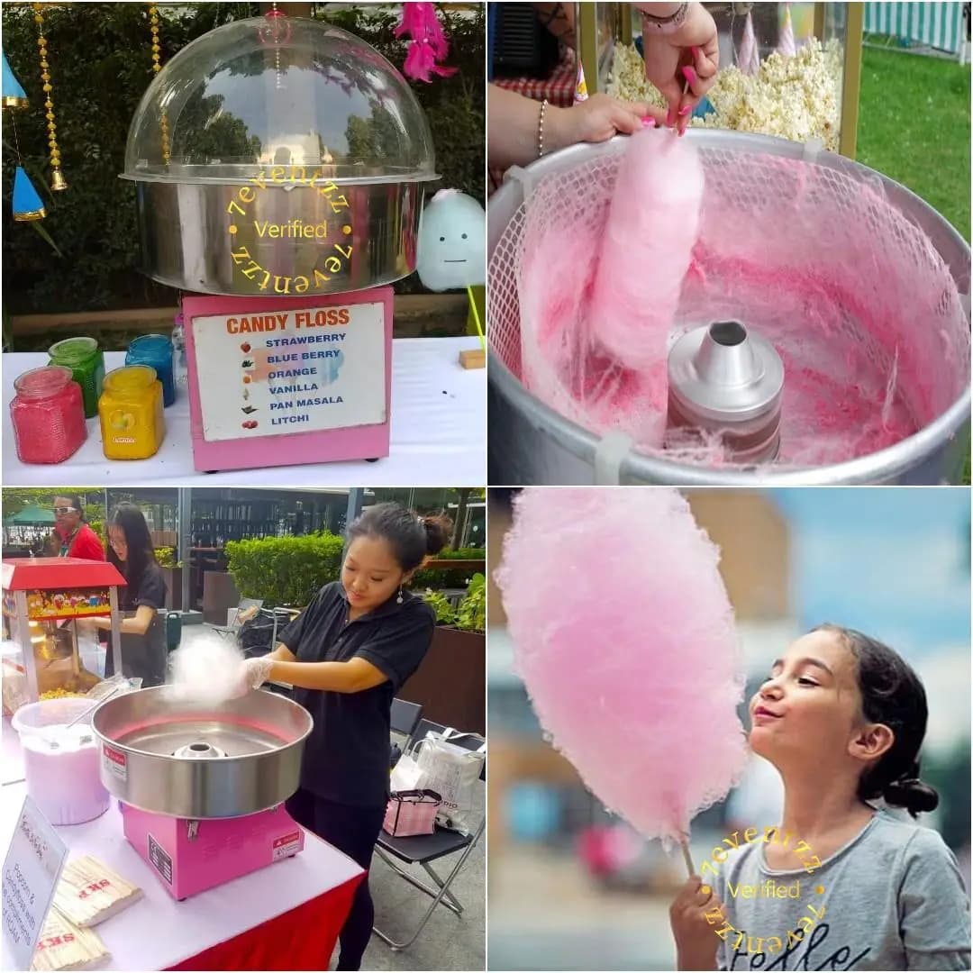 Cotton candy floss machine serving fluffy candy at a kids' party
