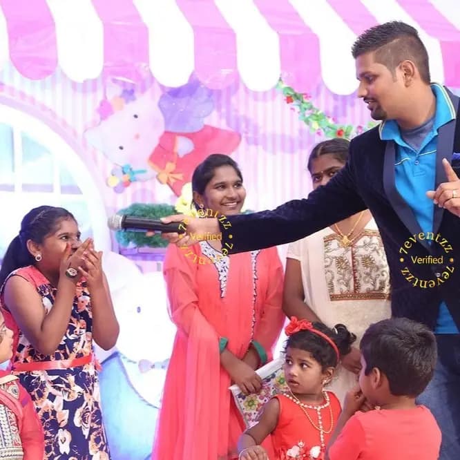 Energetic game host entertaining children at a birthday party