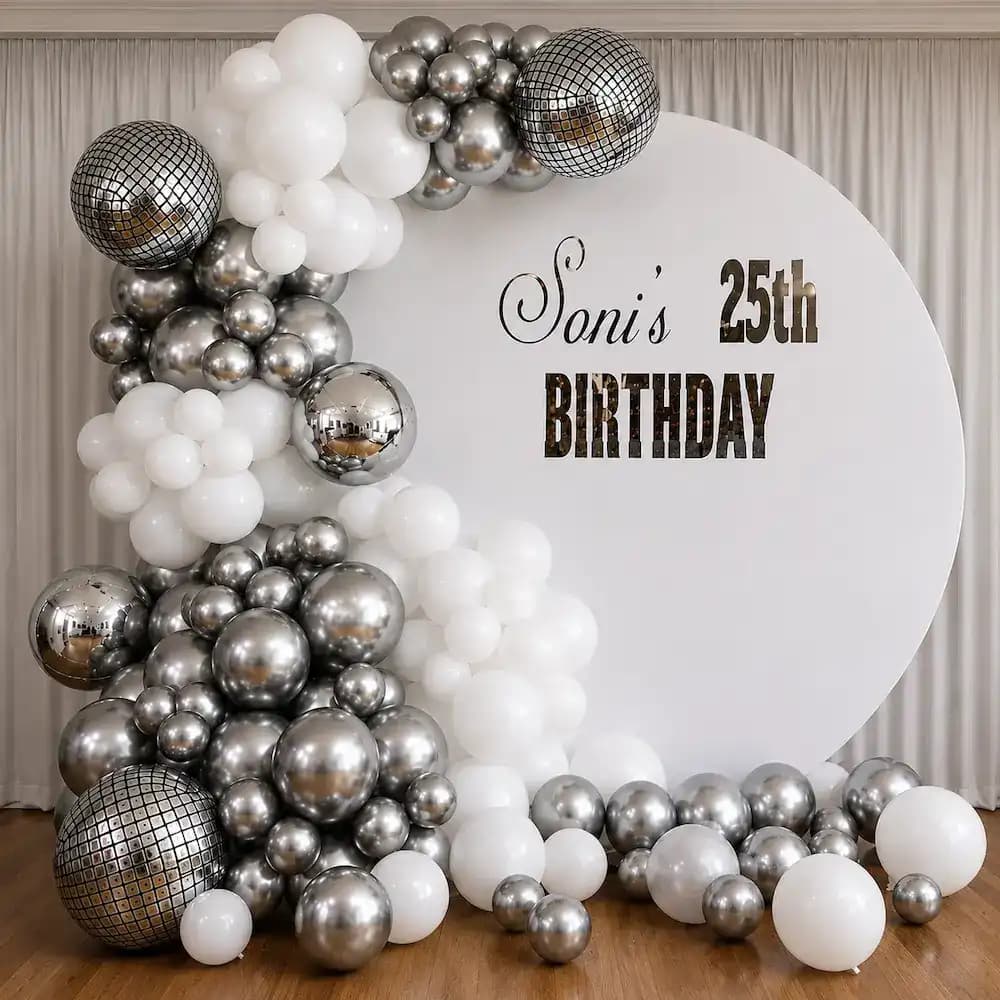 Modern Chrome Silver Balloon Arch Birthday Setup — 7eventzz decoration