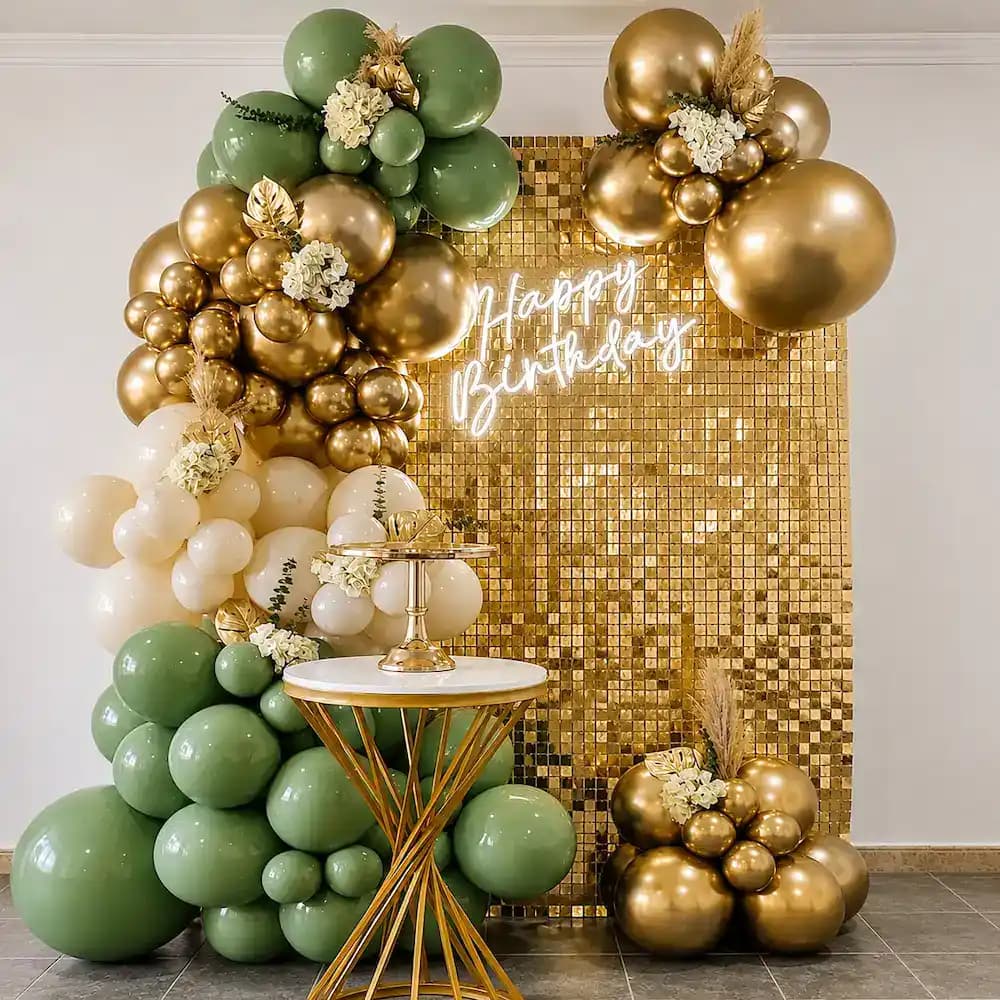 Elegant Sage Green and Gold Birthday Balloon Decoration — 7eventzz decoration