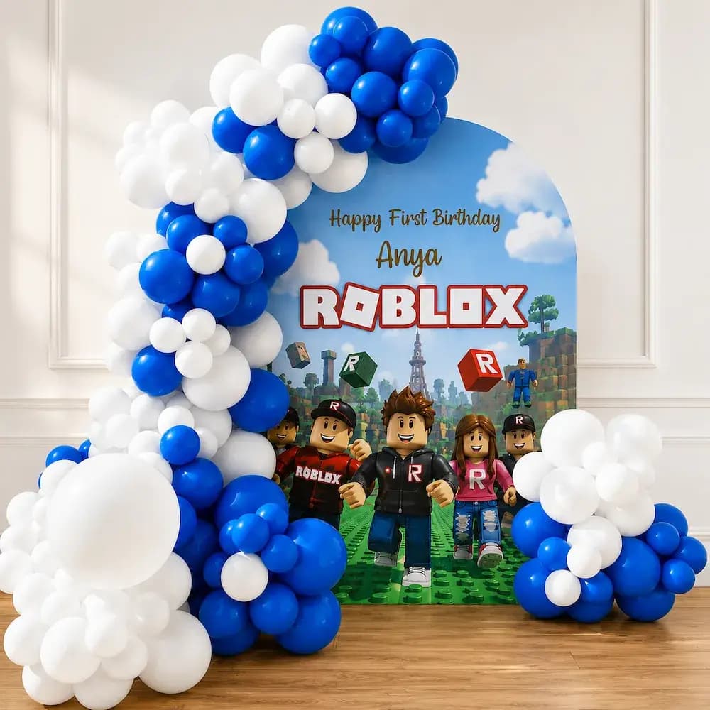 Roblox Theme Birthday Decoration with Blue Balloon Arch — 7eventzz decoration