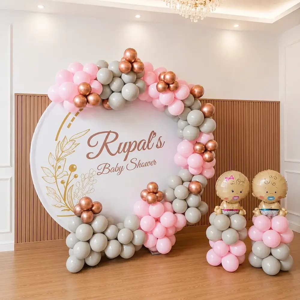 Premium Baby Shower Balloon Decoration with Pink & Grey Round Backdrop — 7eventzz decoration