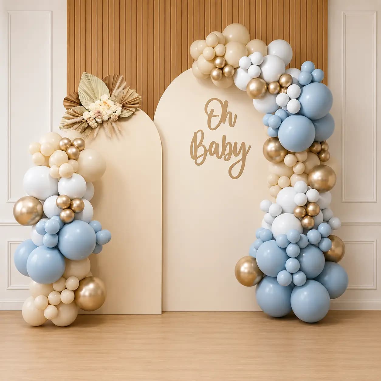 Elegant Oh Baby Balloon Decoration with Blue & Gold Arch Backdrop — 7eventzz decoration