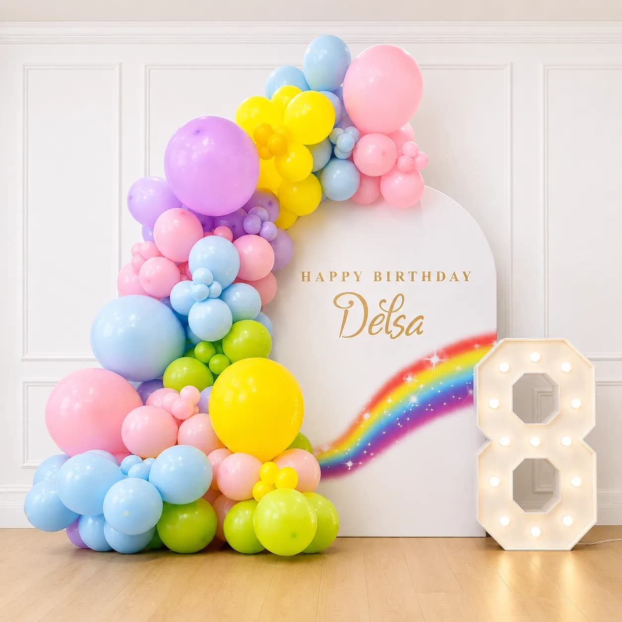 Rainbow Theme Birthday Decoration with Pastel Balloon Arch — 7eventzz decoration