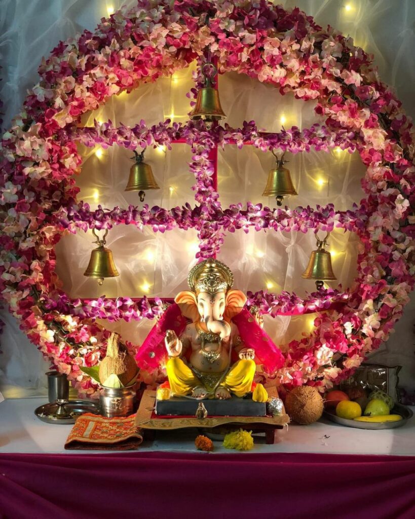 Ganpati Stage Decoration with Lights and Diya